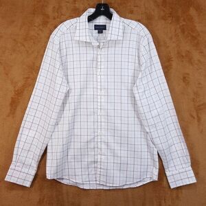 SCOTT BARBER Shirt Mens Medium White Button Up Burgundy Check Grid Cotton Merino